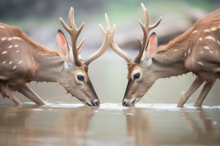 two young waterbucks butting headsの素材