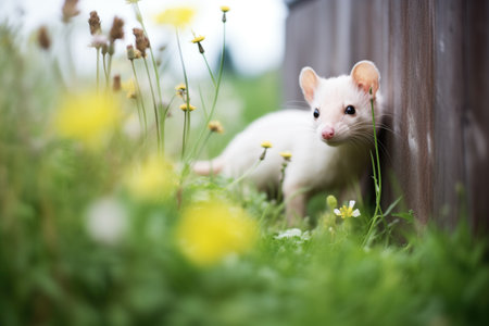 weasel half concealed by wildflower bedの素材