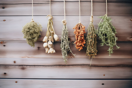 dried herbs hanging on a rustic wooden wallの素材