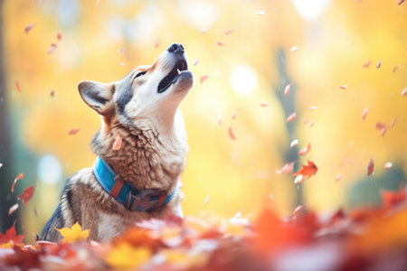 howling wolf with colorful autumn leaves backgroundの素材