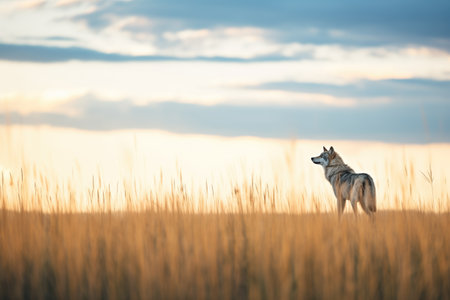 a distant wolf howling on a serene prairie at sunsetの素材