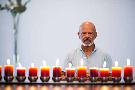 person in lotus pose with a row of candlesの素材