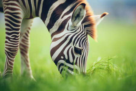 close-up of zebra munching on green grassの素材