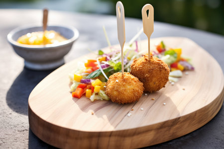 arancini served on a wooden paddle boardの素材