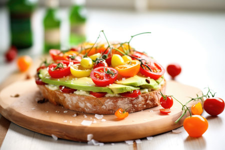 rustic sourdough bread topped with avocado and cherry tomatoesの素材