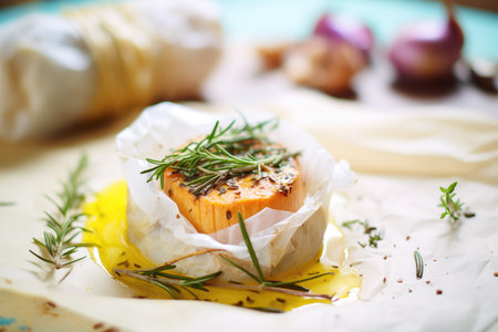 baked camembert with garlic cloves and thyme on baking paperの素材