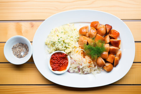 neatly arranged plate of currywurst with potato salad sideの素材