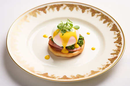 a single egg benedict in the center of a round white plate with parsleyの素材