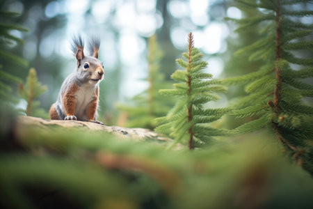 squirrel between two towering fir trees