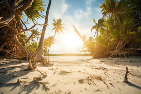 sun peeking through dense canopy on a deserted islandの素材