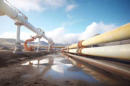 pipes transporting hot fluids at geothermal siteの素材