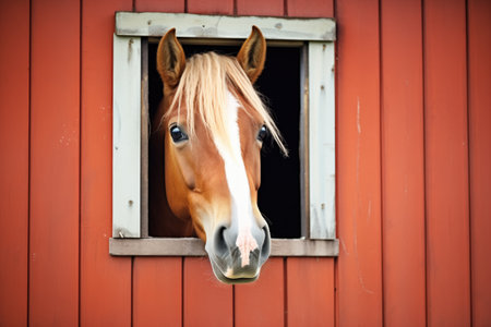 chestnut horse peeking from red barn windowの素材