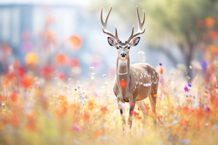 kudu standing amidst blooming wildflowersの素材
