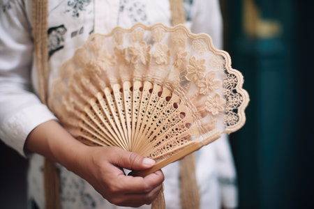close-up of lace gloved hand holding fanの素材