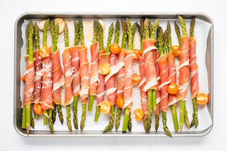 overhead shot of a baking tray with rows of raw prosciutto-wrapped asparagusの素材