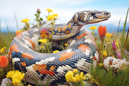 python in a patch of wildflowersの素材