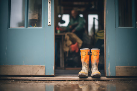 farmers boots by a door in the mudの素材