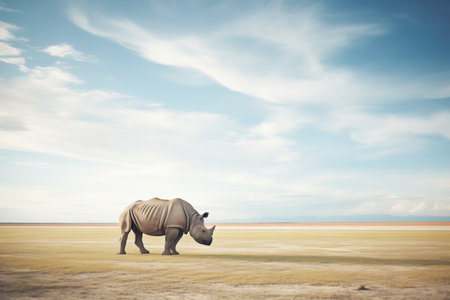 wide-angle shot of rhino in vast open landscapeの素材