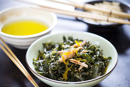 seaweed salad with sesame oil dressing, glass bowl, chopsticks asideの素材