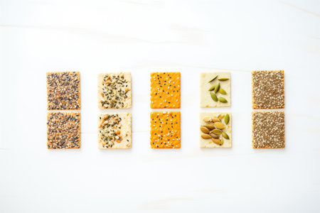seed crackers in a row with different seeds on topの素材