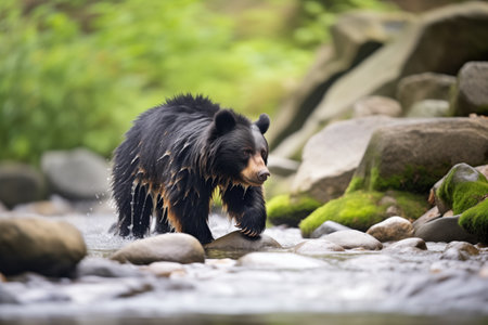 spectacled bear crossing a shallow mountain brookの素材