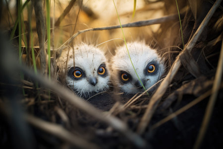 pair of bright eyes shining in dark burrow depthの素材