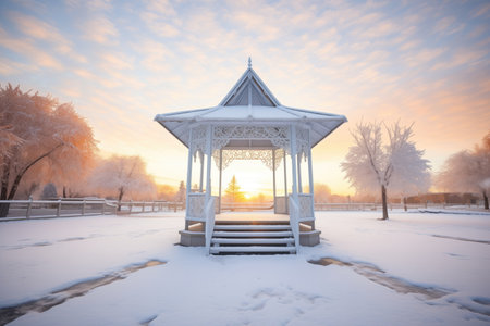 winter sunrise behind a frosted gazeboの素材