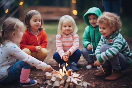 group of children sitting around a campfire roasting marshmallowsの素材