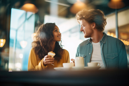 young couple sharing a dessert in a coffee shop cornerの素材