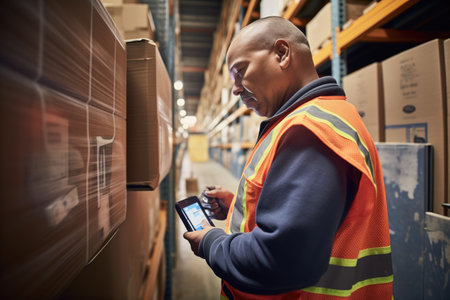 worker scanning barcodes on packages in a depotの素材