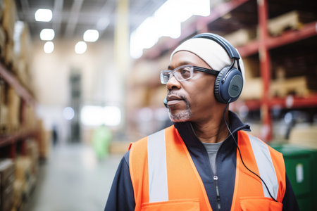 worker wearing a headset controlling warehouse climateの素材