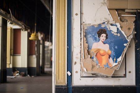 torn posters next to the grand entrance of the theatreの素材