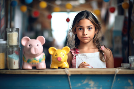 girl with piggy bank saving earnings from lemonade salesの素材