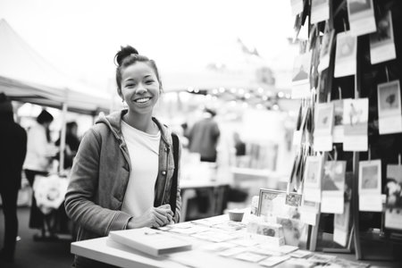 girl handing out homemade business cards at her standの素材