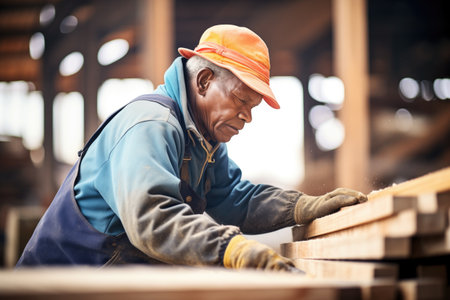 sawmill worker sorting and stacking planks of woodの素材