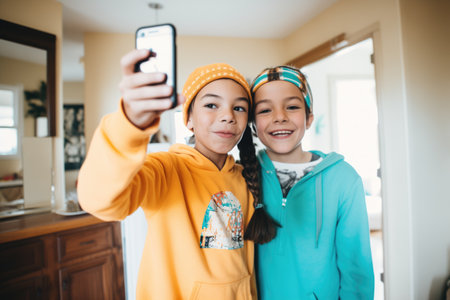 young siblings taking a selfie with a smartphoneの素材