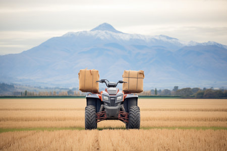 box-laden quad bike near a field with mountain backdropの素材