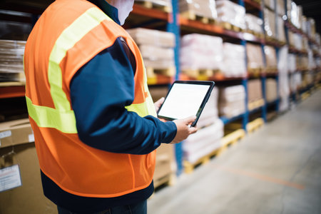 person using a tablet to inspect inventory levelsの素材