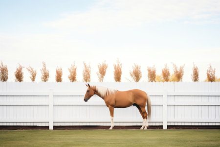 a horse grazing by a white fenceの素材