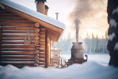 rustic sauna with smoke billowing against snowy backdropの素材