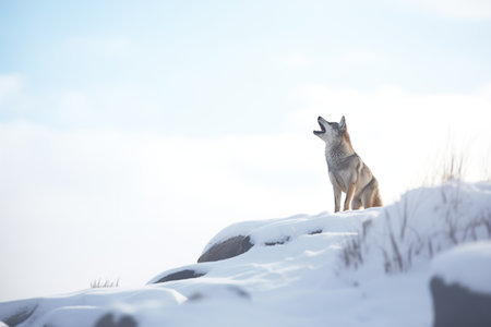 solitary wolf howling on snow-covered hillの素材