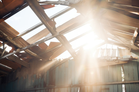 sunlight piercing through a broken roofの素材