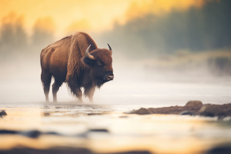 bison crossing river with mist risingの素材