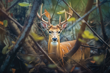 bushbucks eyes gleaming in the shadowy underbrushの素材