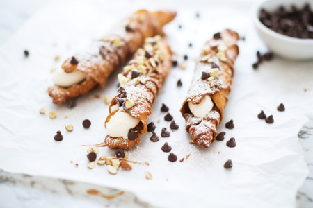 dark chocolate-dipped cannoli on white parchmentの素材