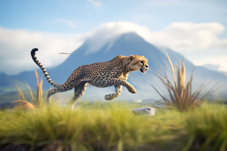 cheetah chasing prey with mountain backdropの素材