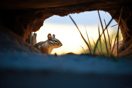 chipmunk silhouette in burrow entrance at twilightの素材