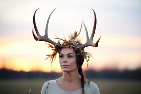person with antler headpiece standing in a field at duskの素材