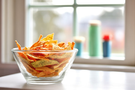 bell pepper chips in a glass bowl near windowの素材