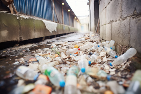 empty plastic bottles and debris in a dry canal bedの素材